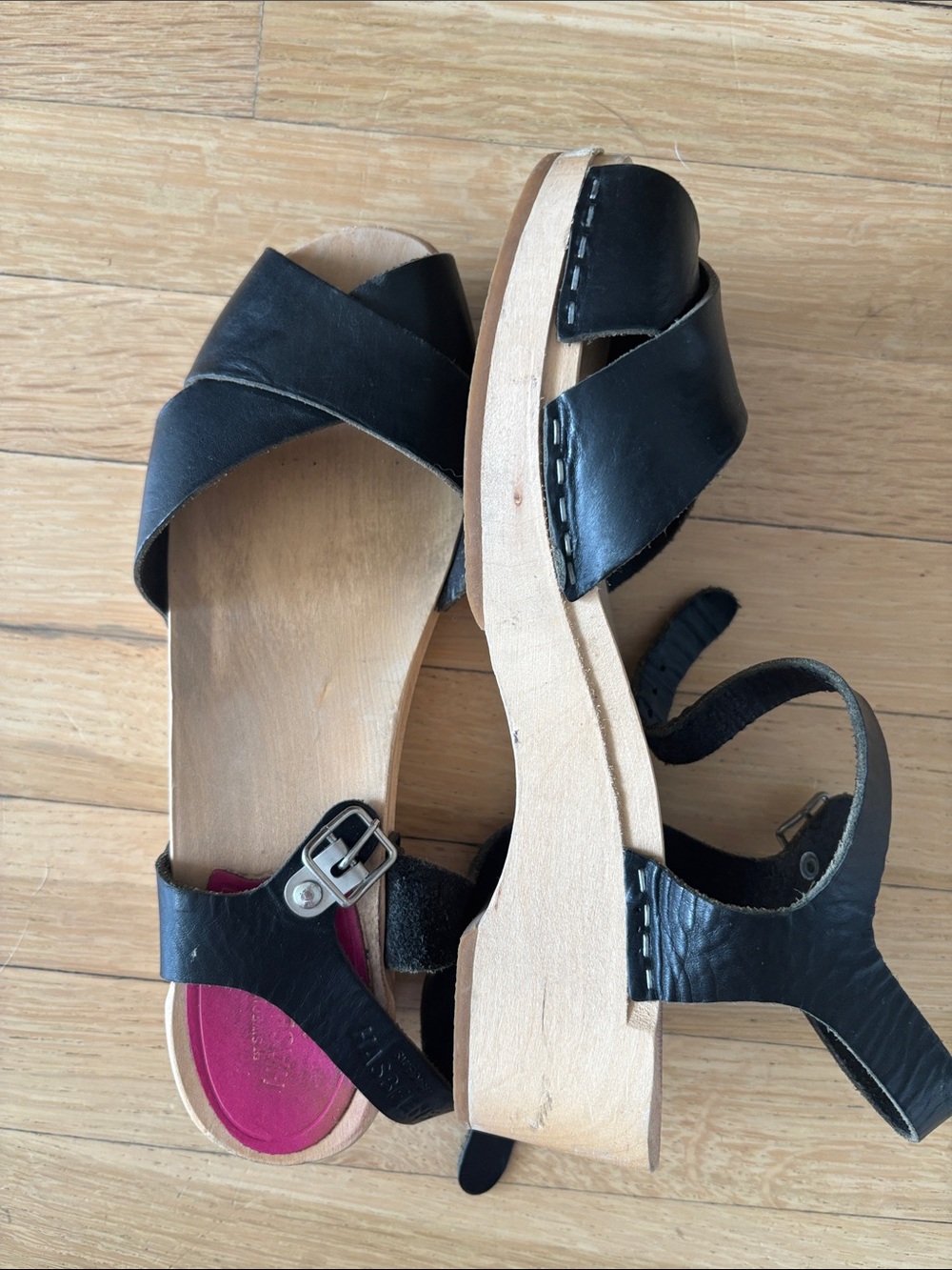 Swedish Hasbeens Black Leather Cross-Strap Clog Sandals